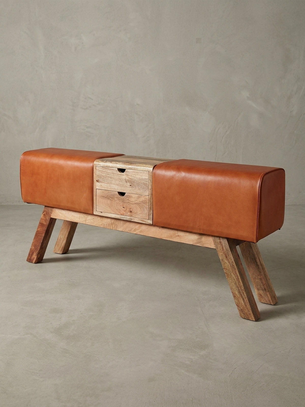 SITZBANK Massivholz Stoffbezug mit 2 Schubladen, Braun 120x30x56 cm - Braun, Mangoholz/Leder (120/56/30cm) - KADIMA DESIGN