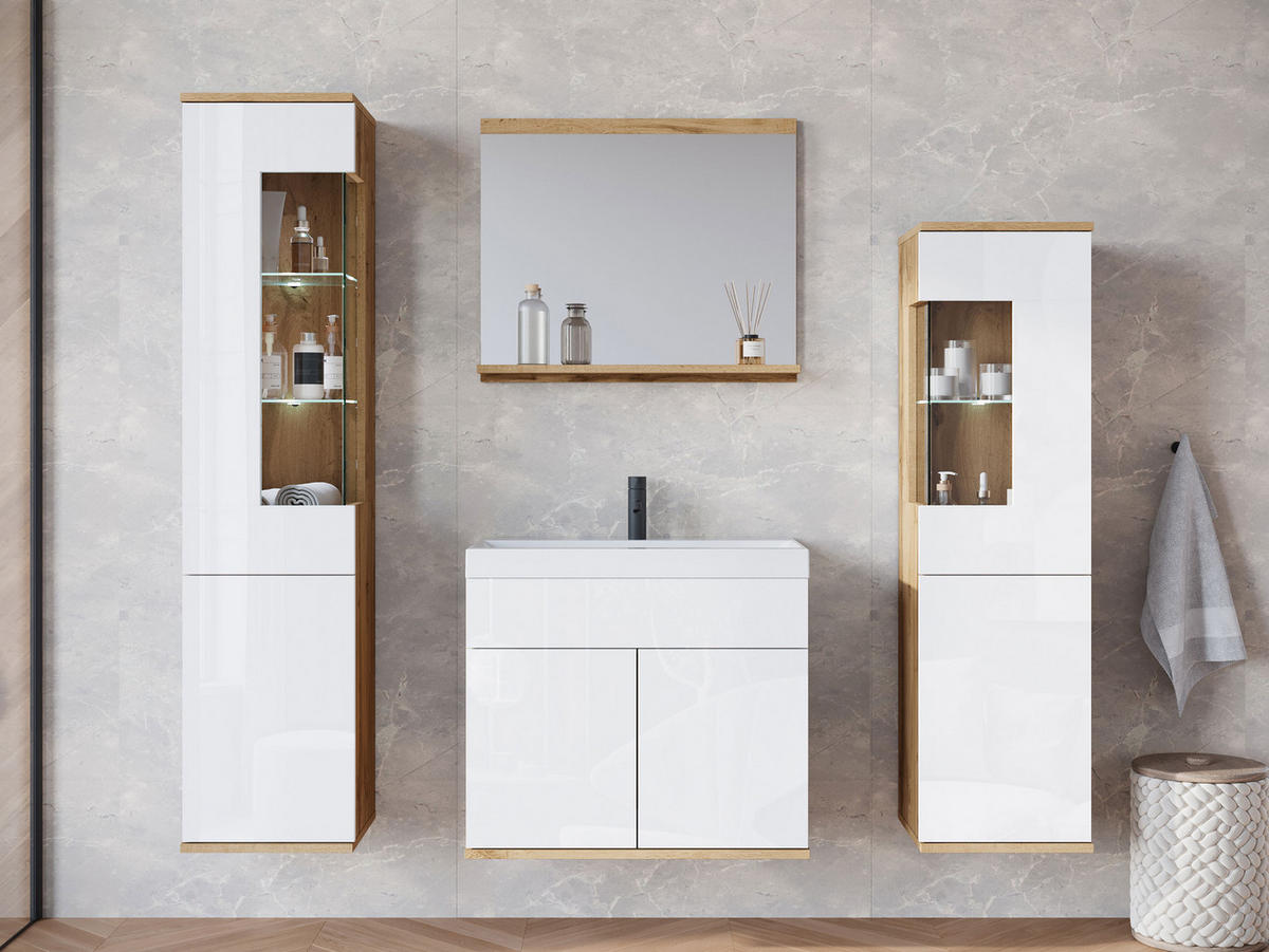 BADMÖBEL-SET Nairobi mit weißer LED Beleuchtung - Weiß Hochglanz/Eiche Wotan, Holzwerkstoff (31/133/31cm) - MIRJAN24
