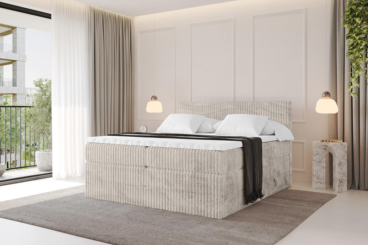 BOXSPRINGBETT mit Matratze H3|H4 und Lattenrost - TOLO KING 200x200 Cord - Creme - Creme, Holzwerkstoff (200/200cm) - ALTDECOR