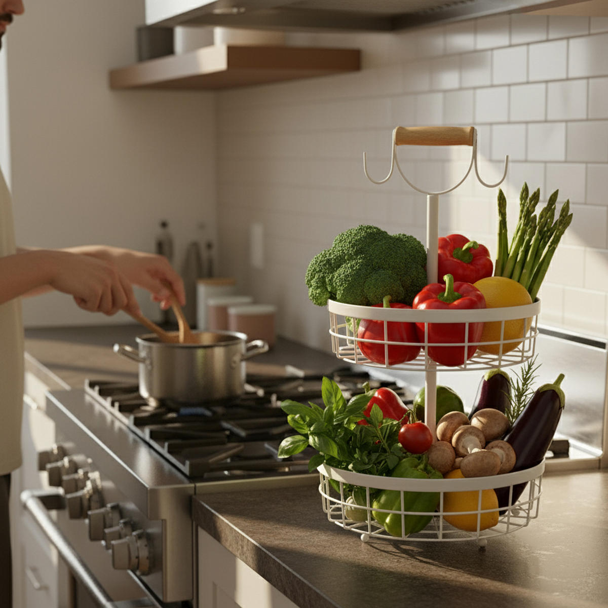 OBSTKORB-ETAGERE - Weiß, Holz/Metall (28/52cm) - Relaxdays