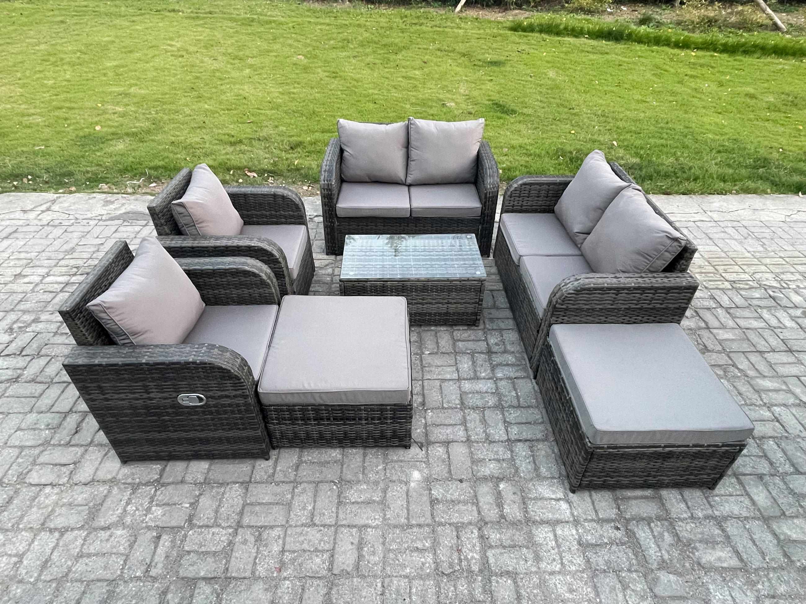 GARTENMÖBELGARNITUR mit KISSEN Polyrattan Dunkelgrau 8-Sitzer - Dunkelgrau/Grau, Glas/Kunststoff - Fimous
