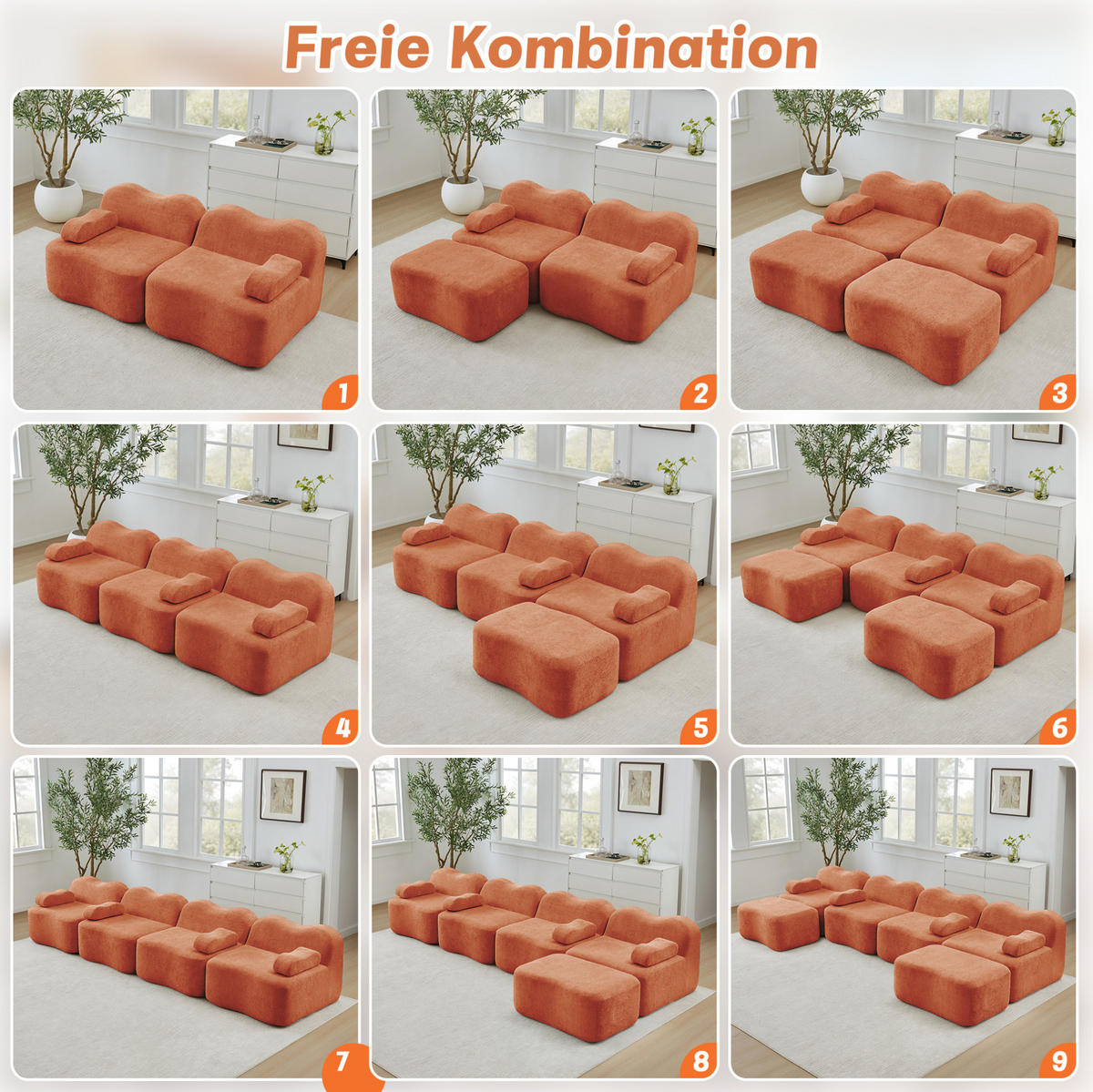 SOFA 192/98/70 cm in Orange aus Samt, modular und rahmenlos - Orange, Textil (98/70/192cm) - Flora Grace