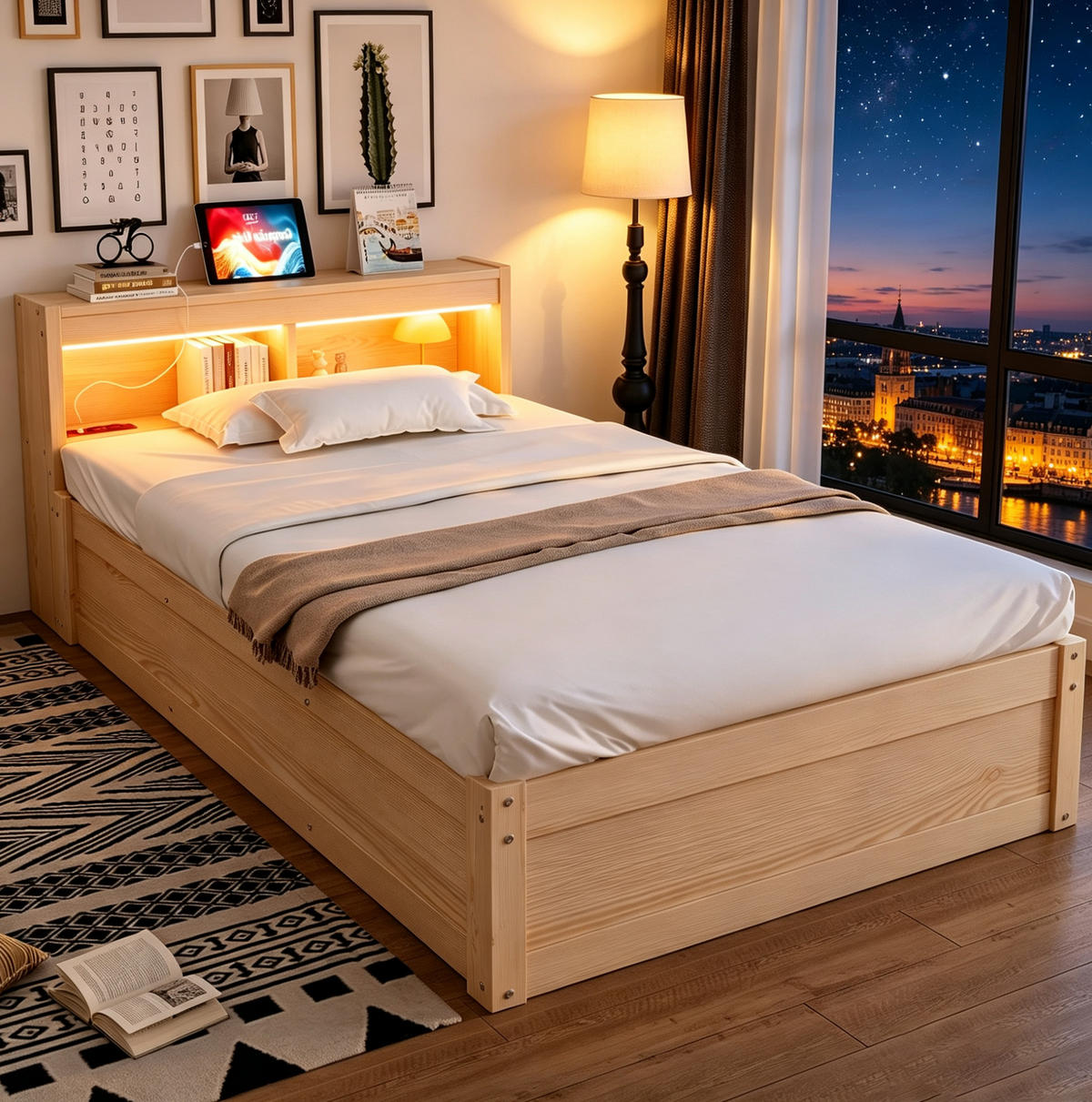 BETT 90/200 cm aus MDF mit LED-Lichtleiste, Holzfarbe - Eichefarben, Holzwerkstoff (90/200cm) - OKMYHOME
