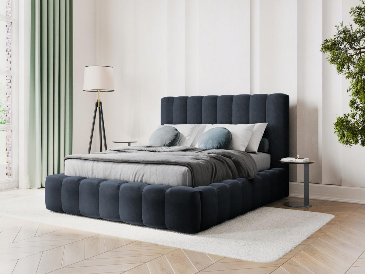 BETT mit Bettkasten und Kopfteil Kelp aus Samt dunkelblau 160x200cm - Dunkelblau, Textil (160/200cm) - Micadoni