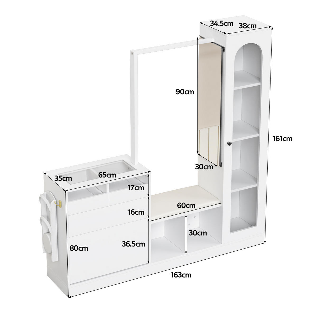 DIELENGARDEROBE 163/50/161 cm in Weiß mit Spiegel, Schuhschrank und Sitzbank - Weiß, Holzwerkstoff (163/161/35cm) - BEAOK