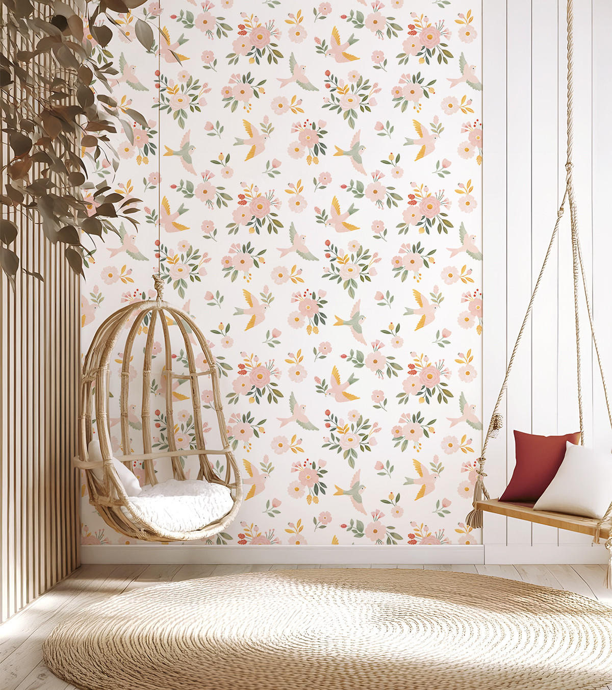 VLIESTAPETE Alysse, Vögel und Blumen 50 cm x 10 m, bunt - Pink/Weiß, Papier (1000/50cm) - Lilipinso