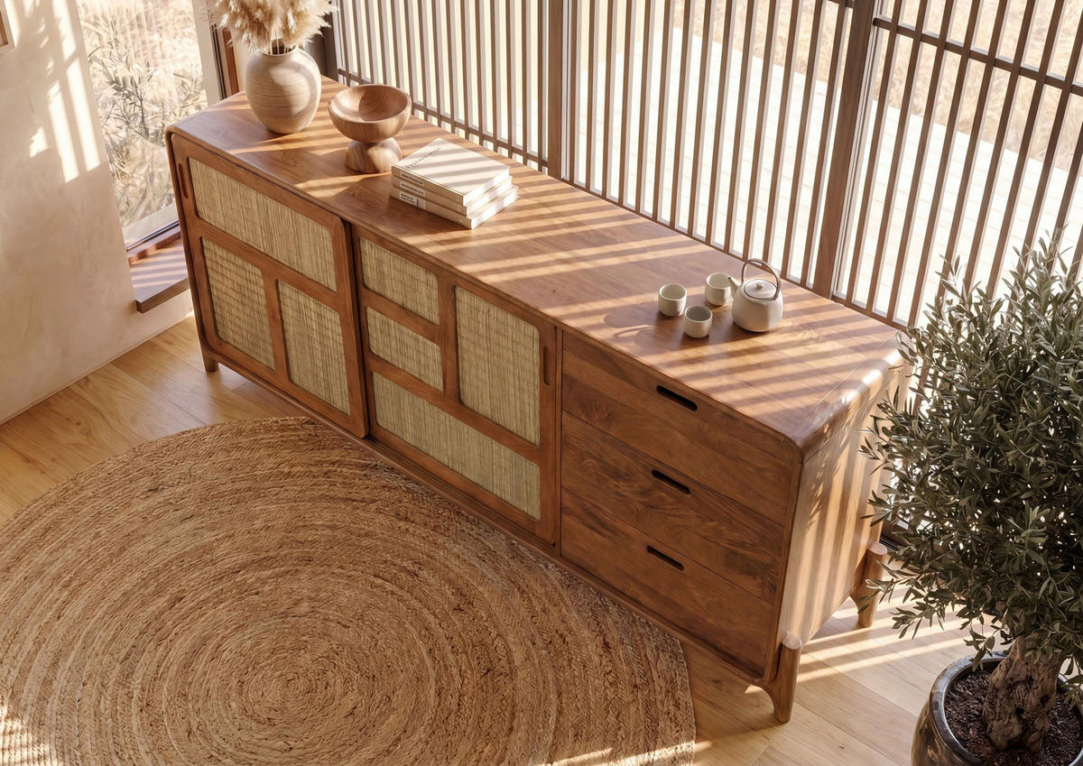 SIDEBOARD Mango/Seegras 200x40x80 hellbraun lackiert MIZUMI #101 - Braun, Holz (200/80/40cm) - Massivmoebel24