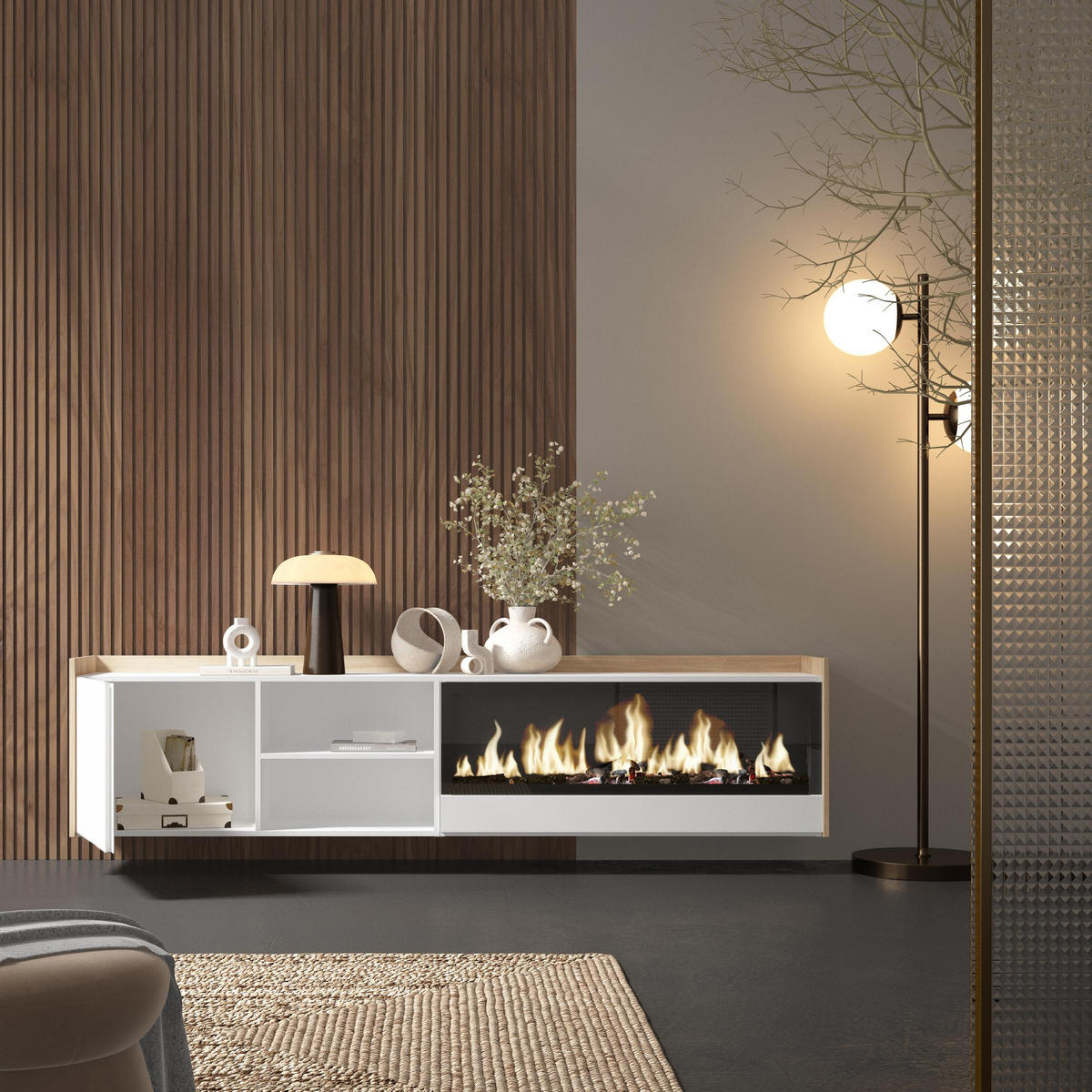 LOWBOARD, Weiß und Eiche, 212/35/50cm, Kamin mit Feuereffekt XXL - Weiß, Holzwerkstoff (212/50/35cm) - Skraut Home
