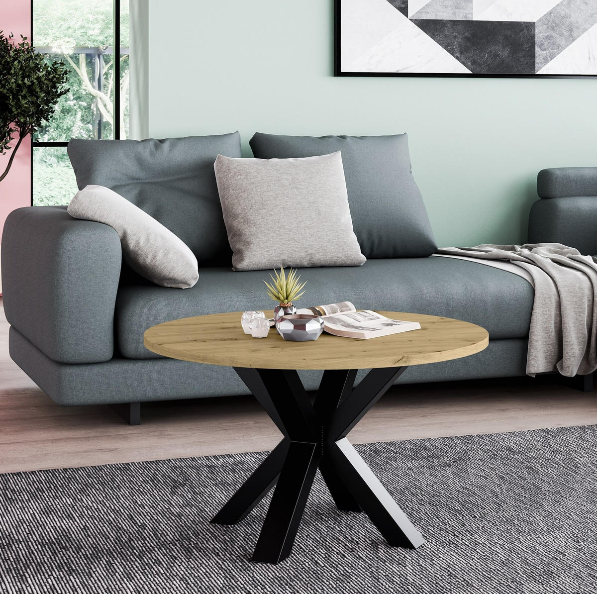 TISCH Artisan Eiche NEO Rund Metallbasis 90 cm - Braun, Holzwerkstoff (90/90/45cm) - Sepro Meble