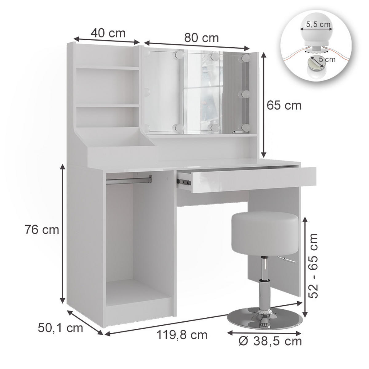 SCHMINKTISCH Sherry Weiß/Weiß Hochglanz 119.8 cm 5 Teile - Weiß Hochglanz, Holzwerkstoff (119.8/76/50.1cm) - Vicco