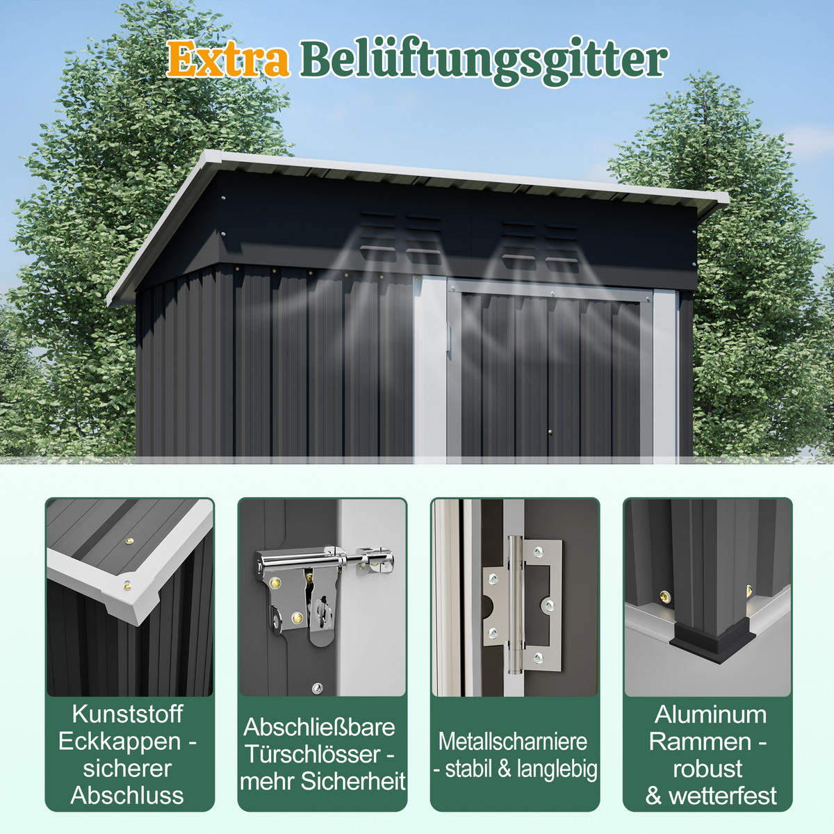 GERÄTEHAUS 152.2/83.6/182 cm Schwarz mit abschließbarer Metalltür, Ohne Fenster - Schwarz, Metall (83.6/182/152.2cm) - Oxeza