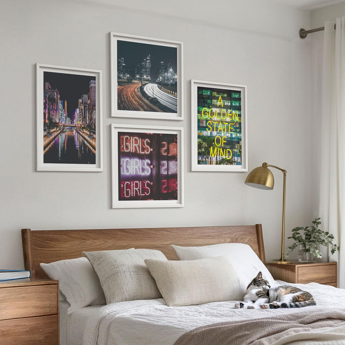 WANDBILDER 4er-Set - 50x50 cm & 40x60 cm Weißer Rahmen - Neonreklamen in der Stadt bei Nacht - Weiß, Kunststoff (50/50cm) - ArtPrintCave