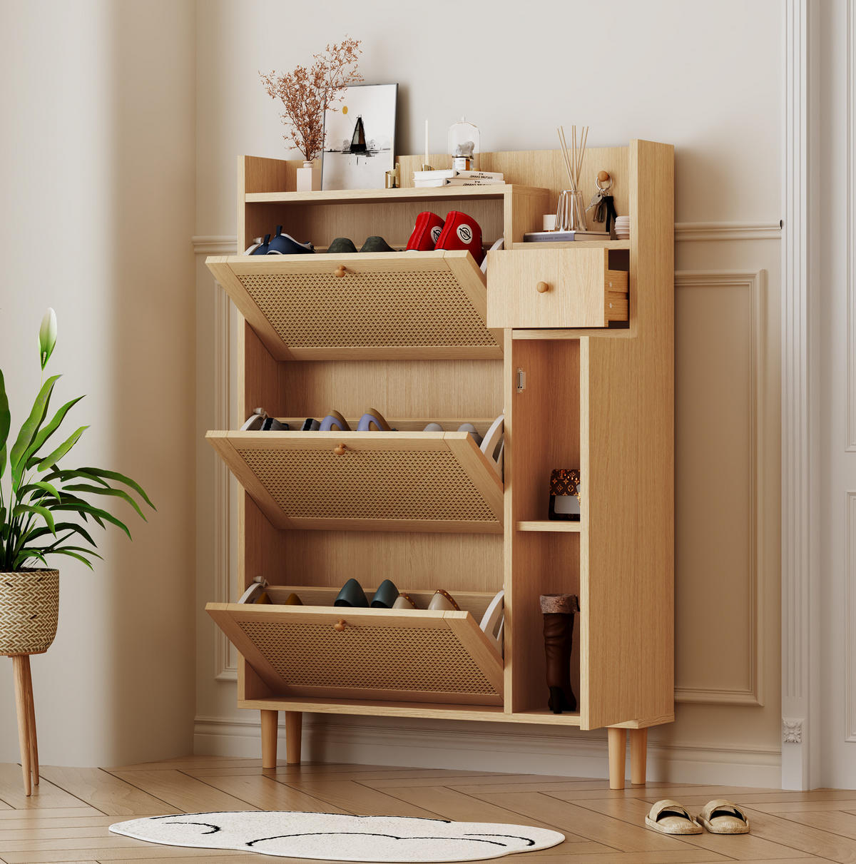 SCHUHSCHRANK 90/17/125 cm Natur aus MDF mit 3 Klappen - Naturfarben, Holzwerkstoff (90/125/17cm) - OKWISH