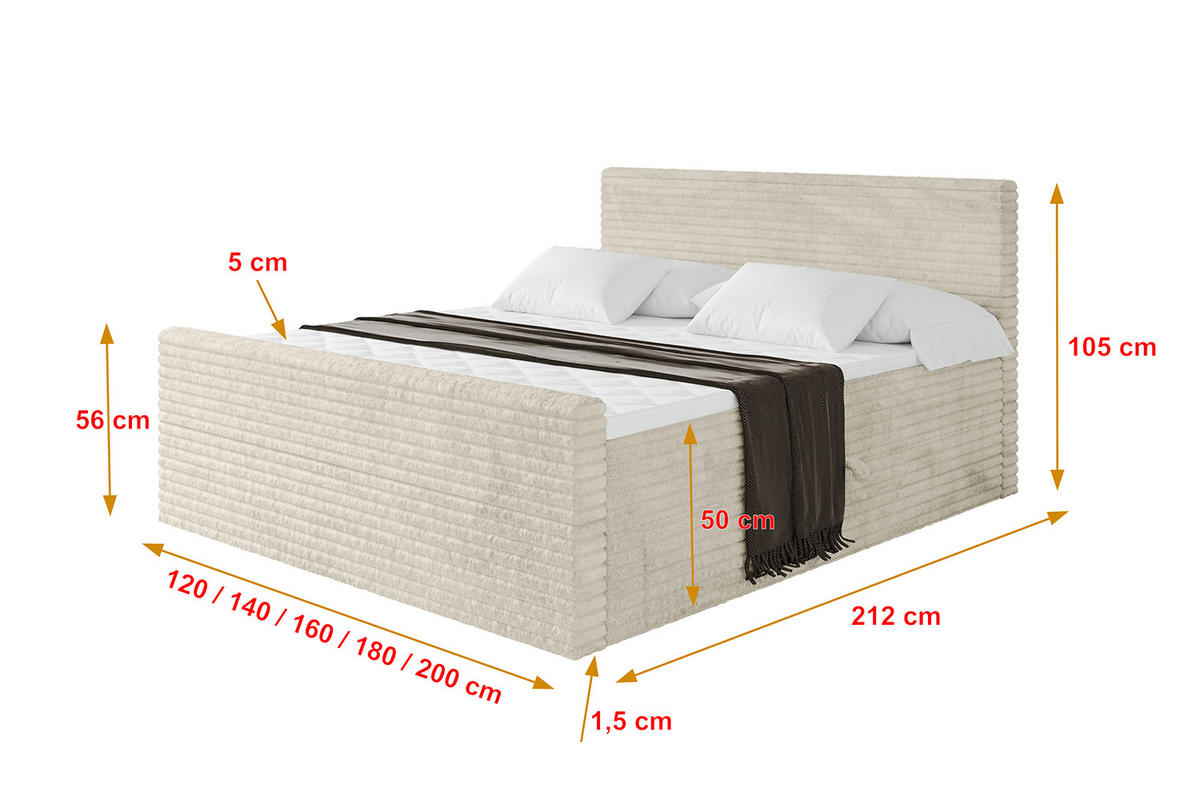 BOXBETT mit Matratze H3 und Lattenrost - TOLO-Z-v1 - 160x200 Cord - Creme - Champagner, Holzwerkstoff (160/200cm)