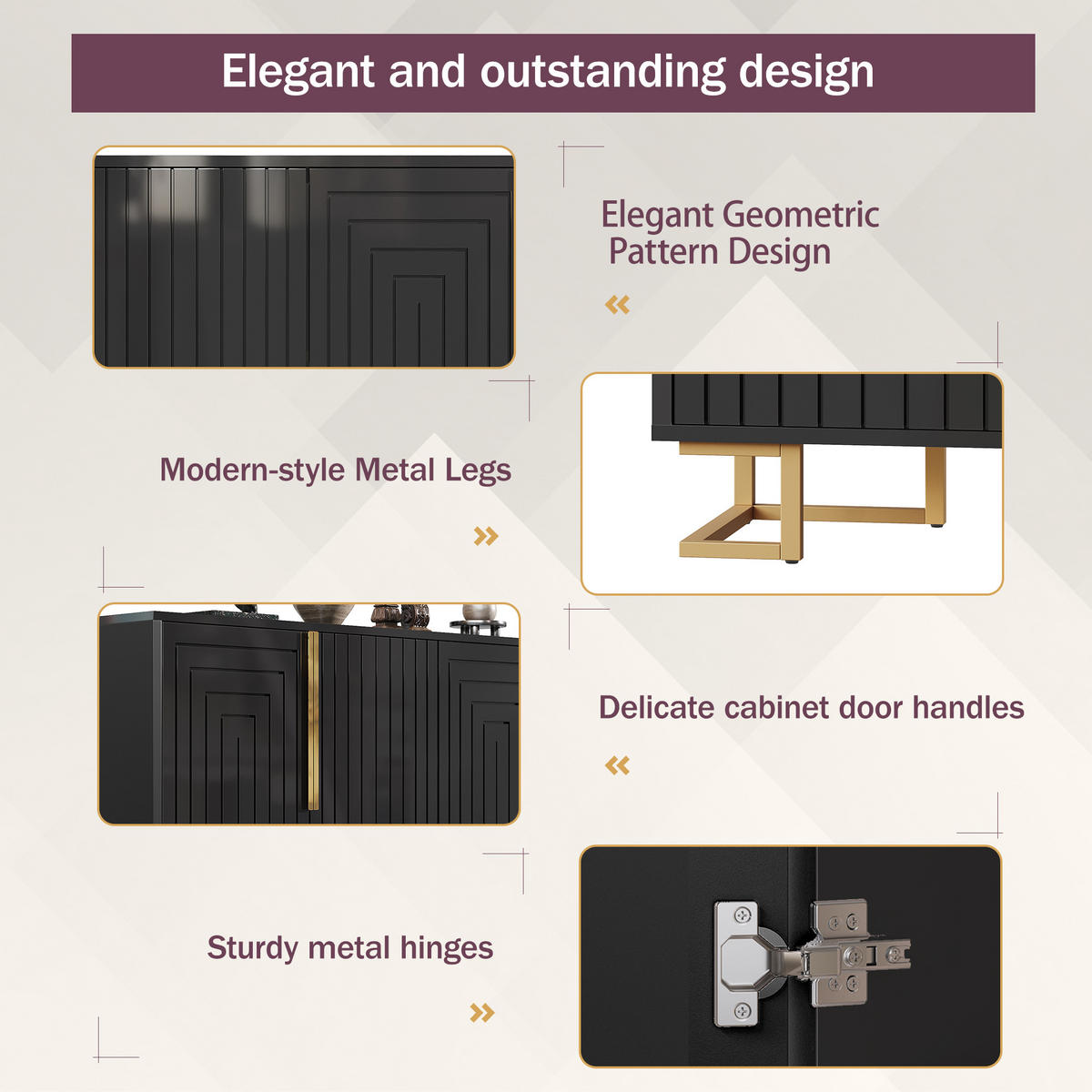 SIDEBOARD Schwarz, 4 Türen mit Innenfächern, geriffelten Fronten und goldfarbenem Gestell, 152/40/75 cm - Schwarz, Holzwerkstoff (152/75/40cm) - WISHDOR