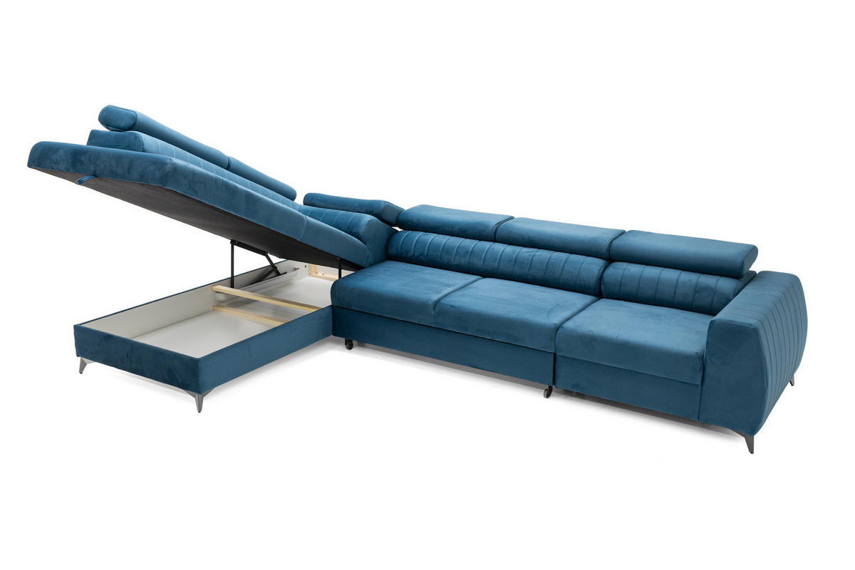 ECKSOFA PIERO MAXI Links mit Schlaffunktion 195x125 Velours Blau - Blau/Schwarz, Holz/Textil (350/203cm) - Muffo