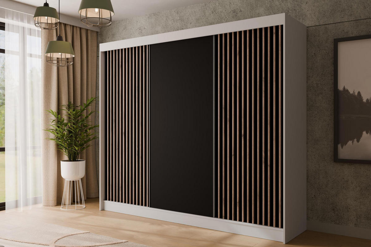 KLEIDERSCHRANK mit Lamel-Schiebetüren VILANv2 - 250 cm Weiß + Lamelle Eiche Wotan - Eiche Wotan/Weiß, Holzwerkstoff (250/215/61cm) - ALTDECOR