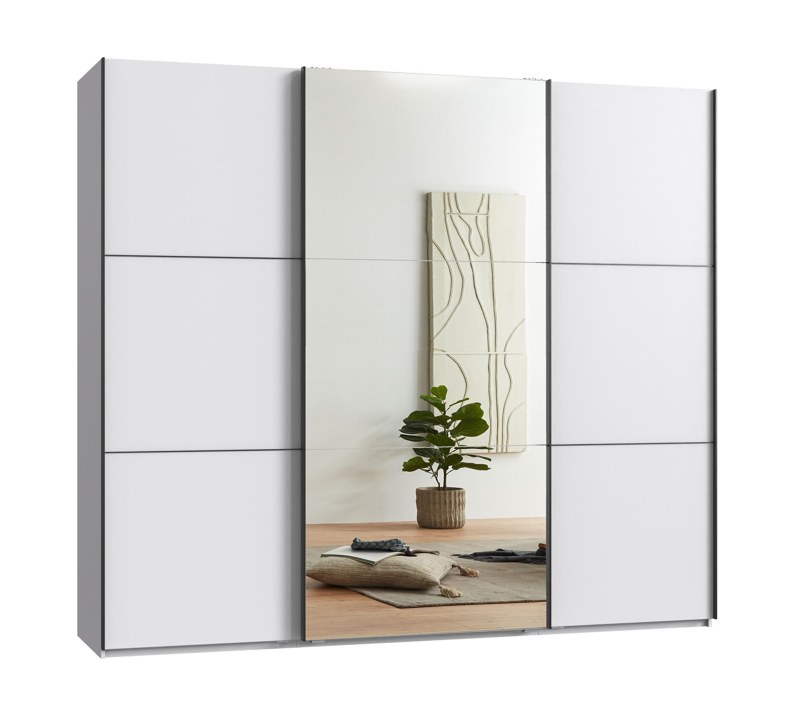 luma-home SKŘÍŇ S POSUVNÝMI DVEŘMI, 3dveřová, šířka 250 cm, výška 216 cm, hloubka 65 cm, bílá, s jedním zrcadlovým křídlem, včetně kompletního vybaven