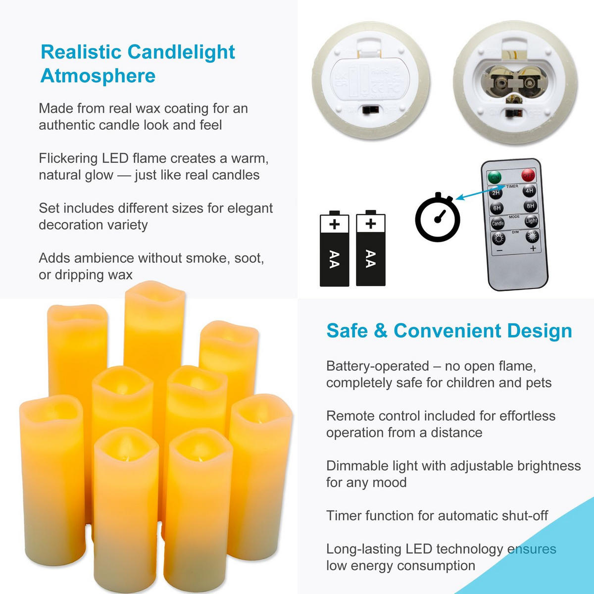LED KERZEN Set inkl. Fernbedienung (9er-Set) - Weiß, Naturmaterialien (5.5/5.5/20cm) - Intirilife