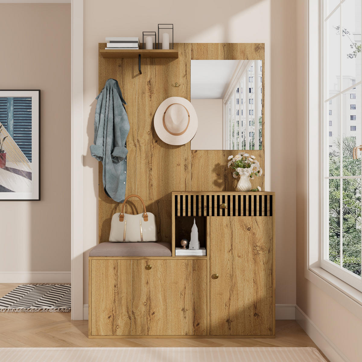 GARDEROBE mit Spiegel, Sitzbank und Stauraum - Sonoma Eiche, Glas/Holzwerkstoff (110/186/37cm) - Urban Meuble