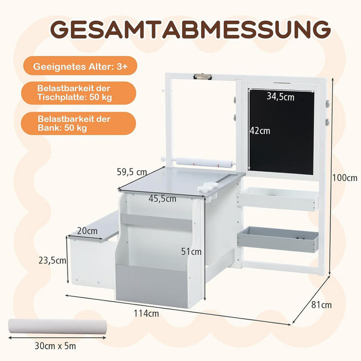 KINDERTISCHGRUPPE aus Holz hellgrau - Hellgrau, Holzwerkstoff (114/100/81cm) - COSTWAY