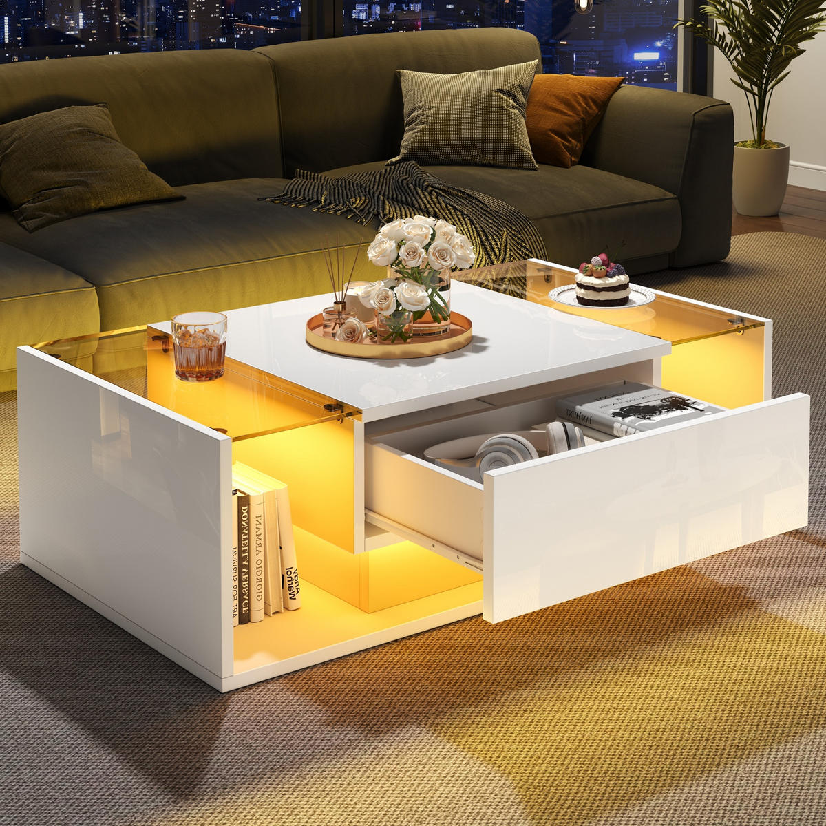 COUCHTISCH LED Weiß Hochglanz 1 Schublade Glas 100x50x31cm - Weiß, Holzwerkstoff (100/50/31cm) - FLIEKS