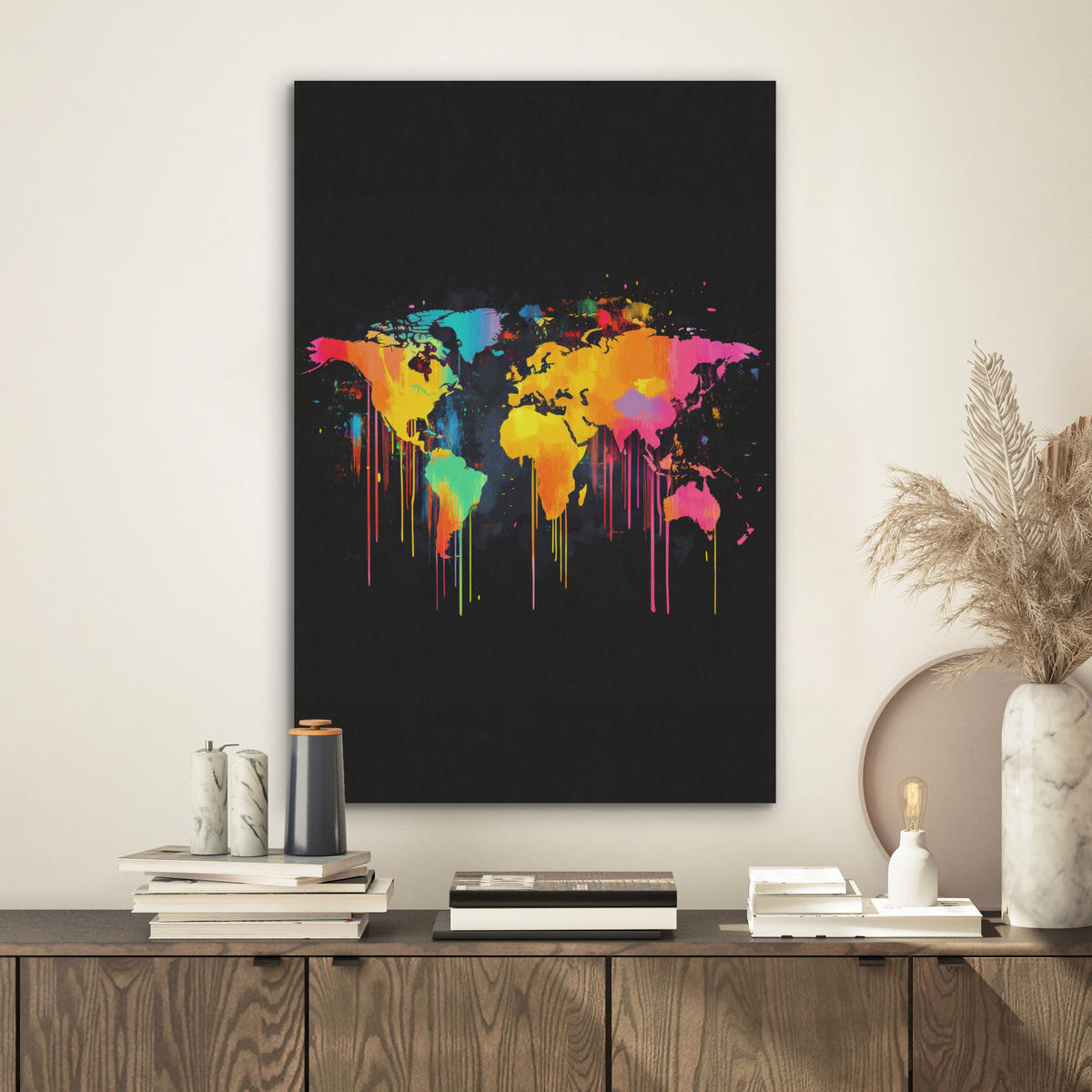 AKUSTIKBILD Weltkarte - Farbe - Bunt - Graffiti - Welt Kunstdruck Schlafzimmer 50x70 cm - Multicolor, Kunststoff (50/70/0.9cm) - MuchoWow