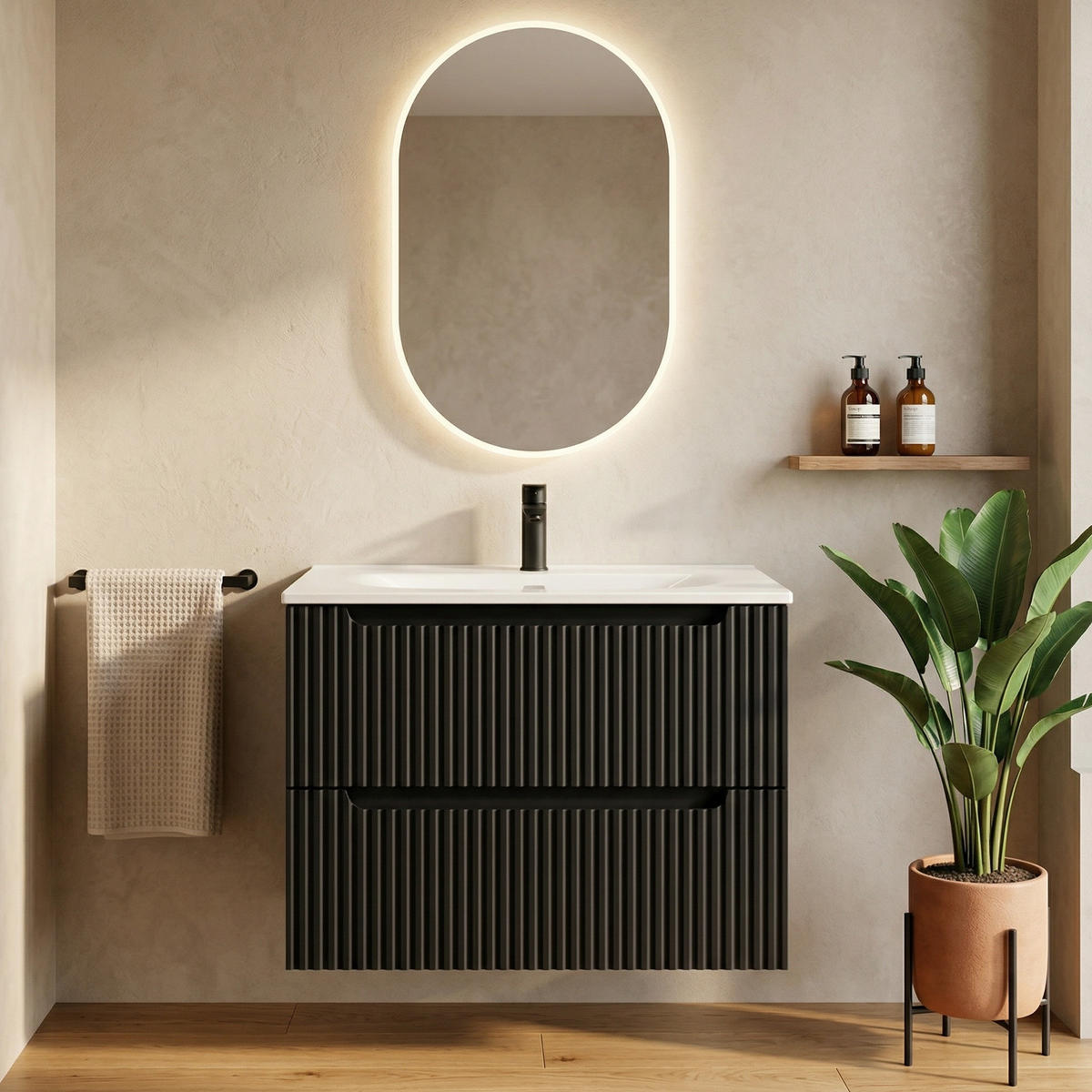 BADMÖBEL-SET Nova 2 Teile Schwarz Matt - 80 x 40 x 58 cm - Schwarz, Holz (80/58/40cm) - Badplaats