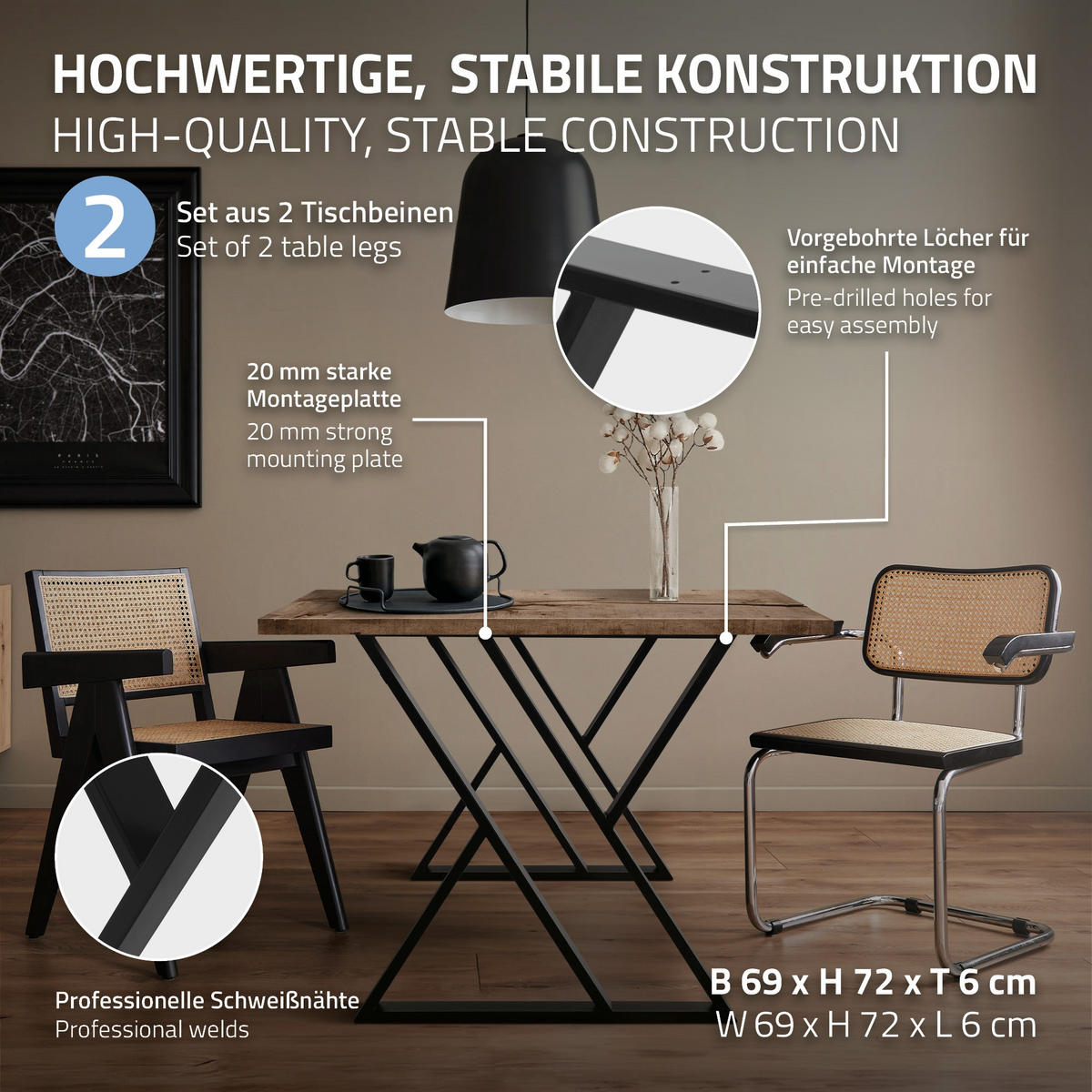 TISCHBEINE 2er Set 69xH72 cm X-Form, Schwarz - Schwarz, Metall (69/6/72cm) - ML-DESIGN