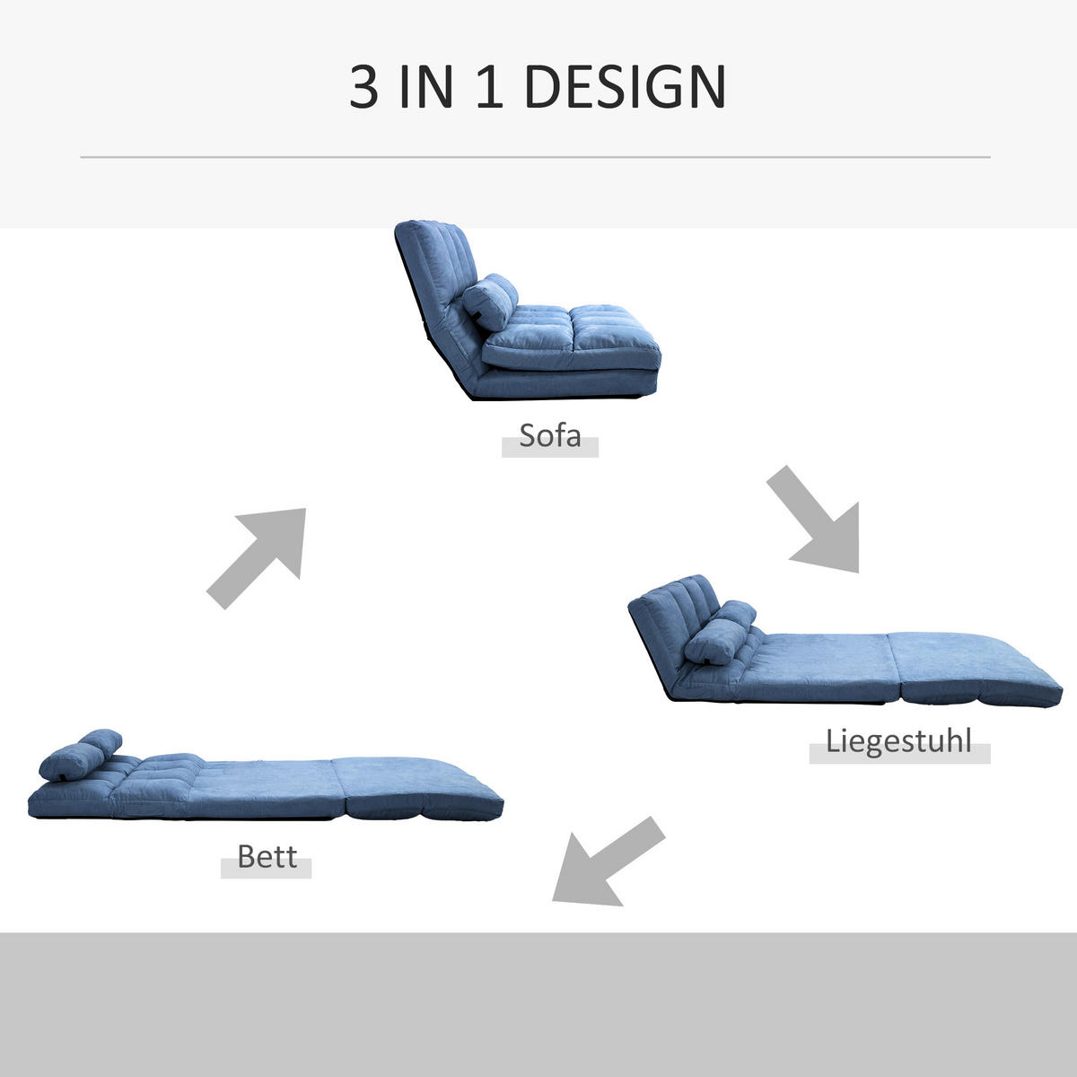 BODENSTUHL 2-in-1 Bodensessel Bett mit Rückenlehne 3 Positionen Verstellbar - Blau, Textil/Metall (73/60/102cm) - HOMCOM