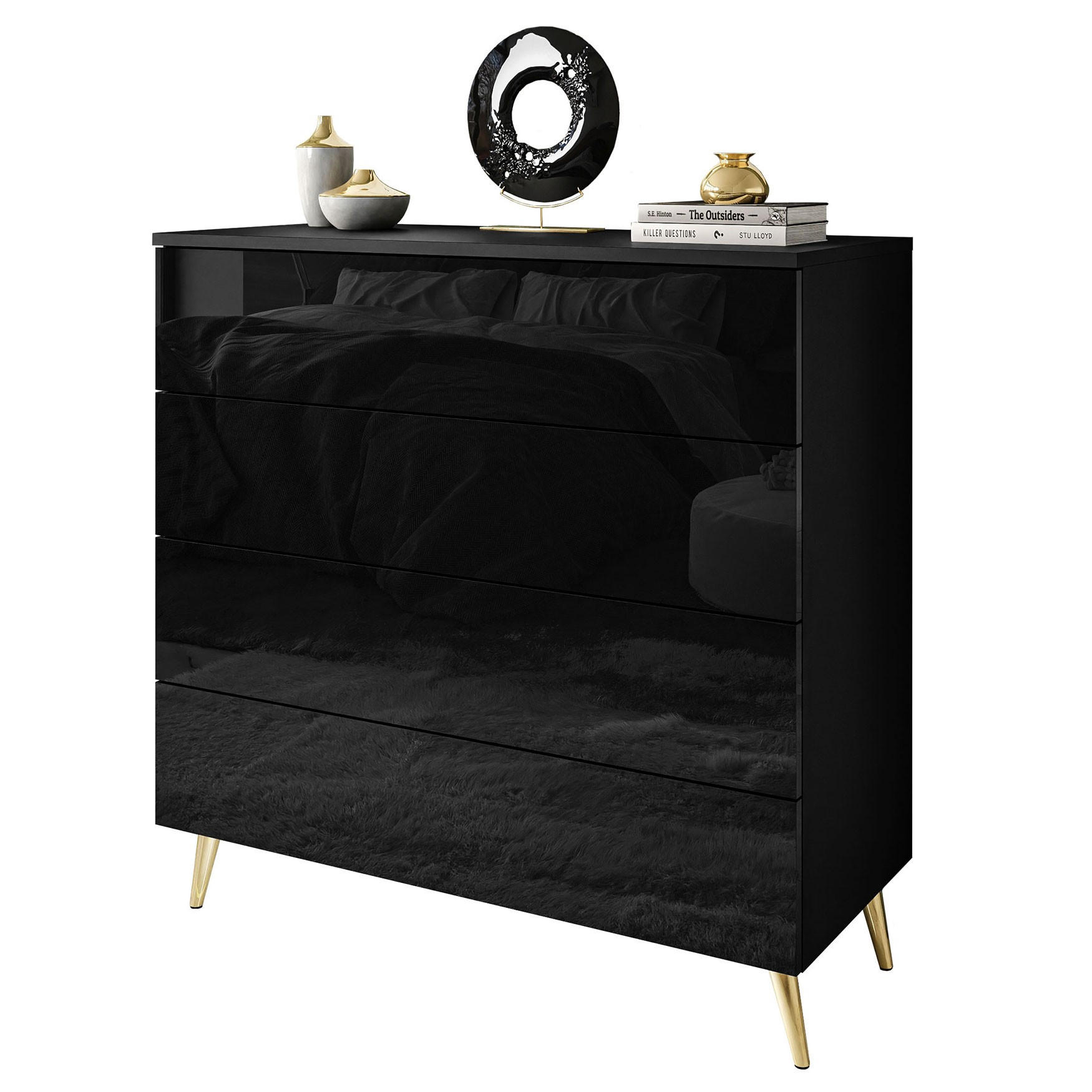 KOMMODE AURA PUSH OPEN mit Schubladen Beinfarbe – Gold - Goldfarben/Schwarz, Holzwerkstoff (95/90/40cm) - Lookway