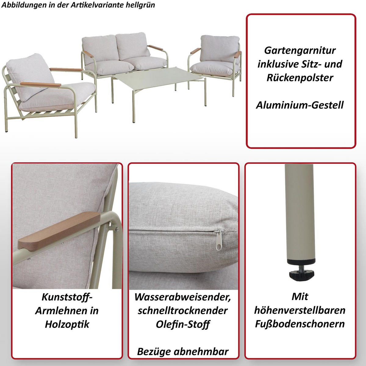 GARTENGARNITUR Hellgrün, Beige 1x 2-Sitzer Gartenbank, 2x Sessel und 1x Tisch-Set - Beige/Hellgrün, Metall - MCW