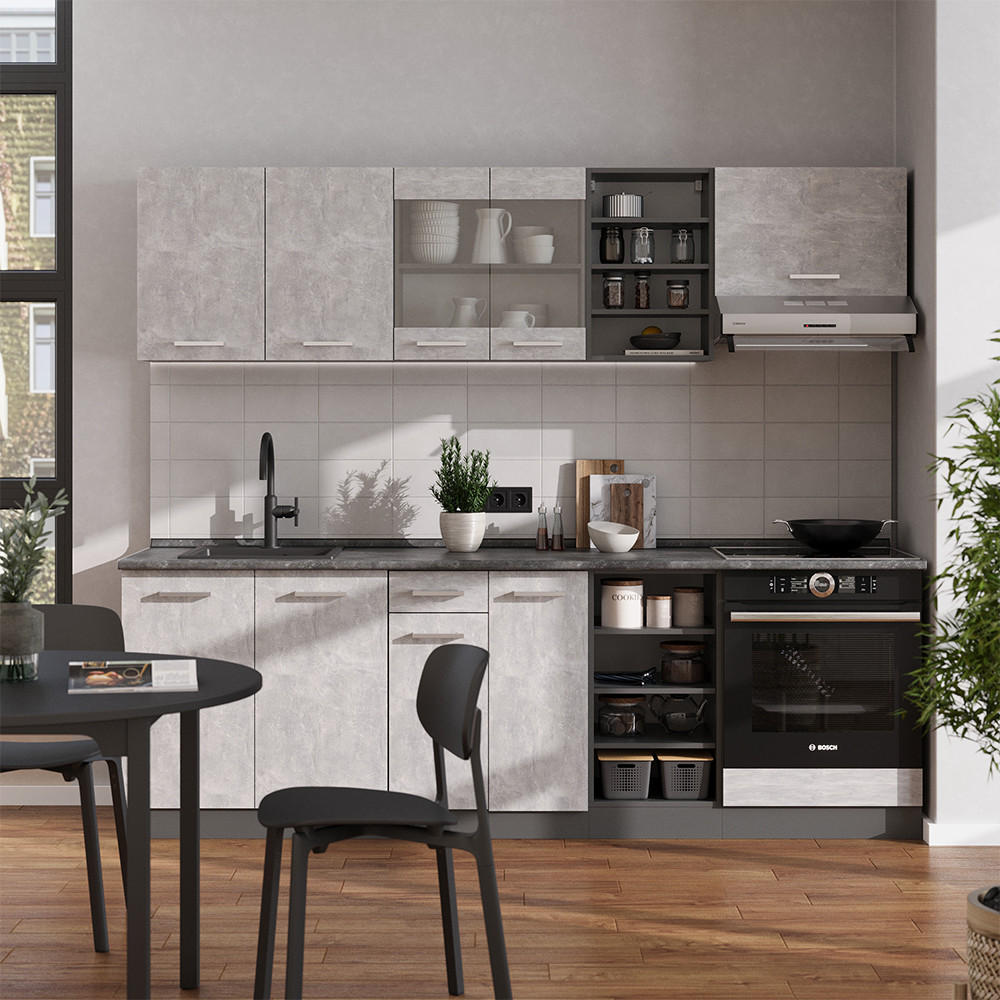 KÜCHENZEILE R-Line Beton/Anthrazit 240 cm , AP Marmor - Schieferfarben/Anthrazit, Holzwerkstoff (240/81.6/60cm) - Vicco