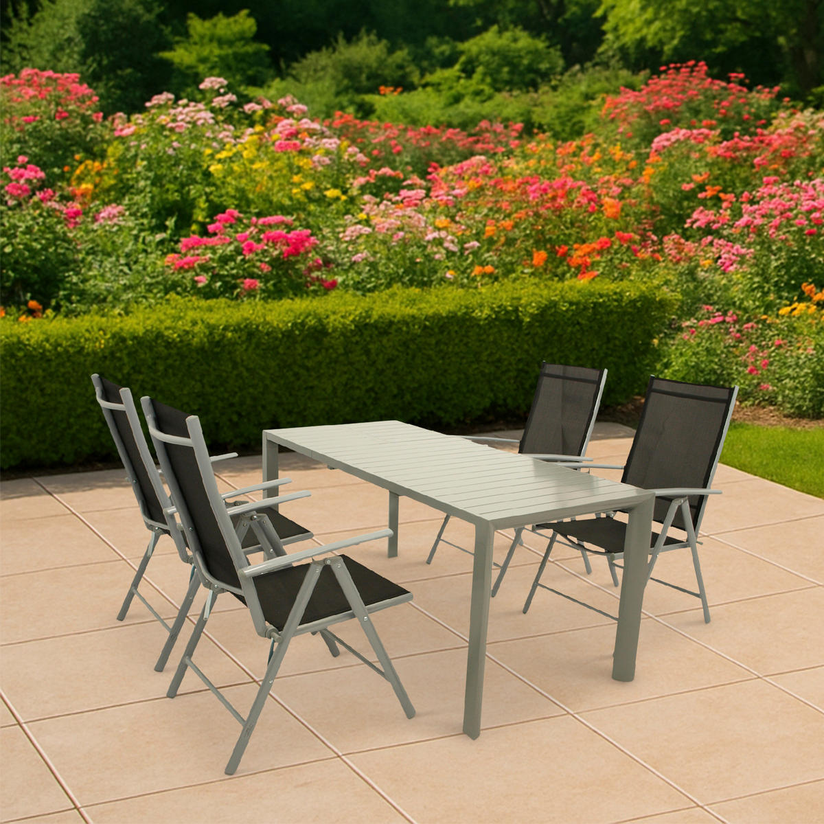 GARTEN-GARNITUR Sunderland - 5-teilige Garten-Essgruppe (4x Stapelsessel mit Aluminiumgestell, Bespannung Textillehne schwarz, Ausziehtisch - Schwarz, Metall - TPFGarden