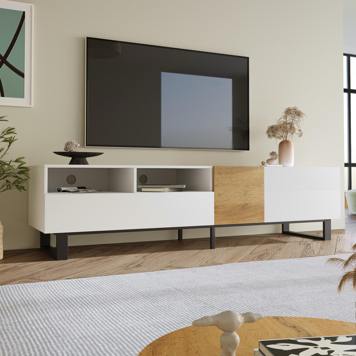 TV-SCHRANK aus MDF 180x38x50 cm Weiß und Holzoptik mit 2 Schubladen, 2 Türen und offenen Fächern - Weiß, Holzwerkstoff (180/50/38cm) - Modfu