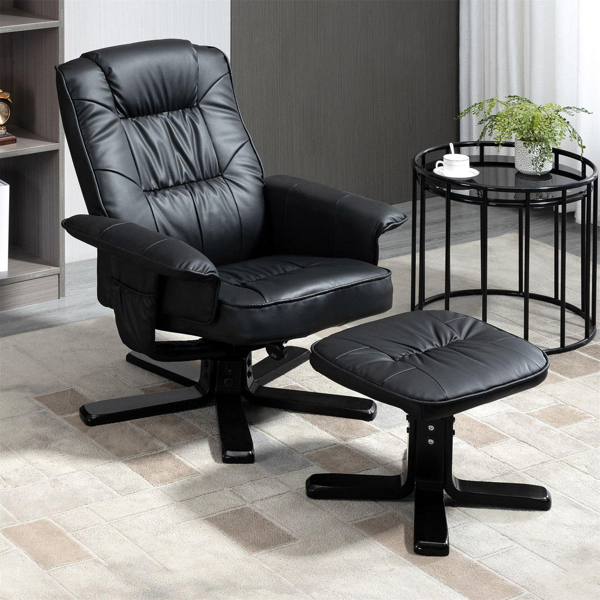 RELAXSESSEL KUNSTLEDER, SET MIT HOCKER CHARLY - Schwarz, Textil (76/87/61cm) - IDIMEX