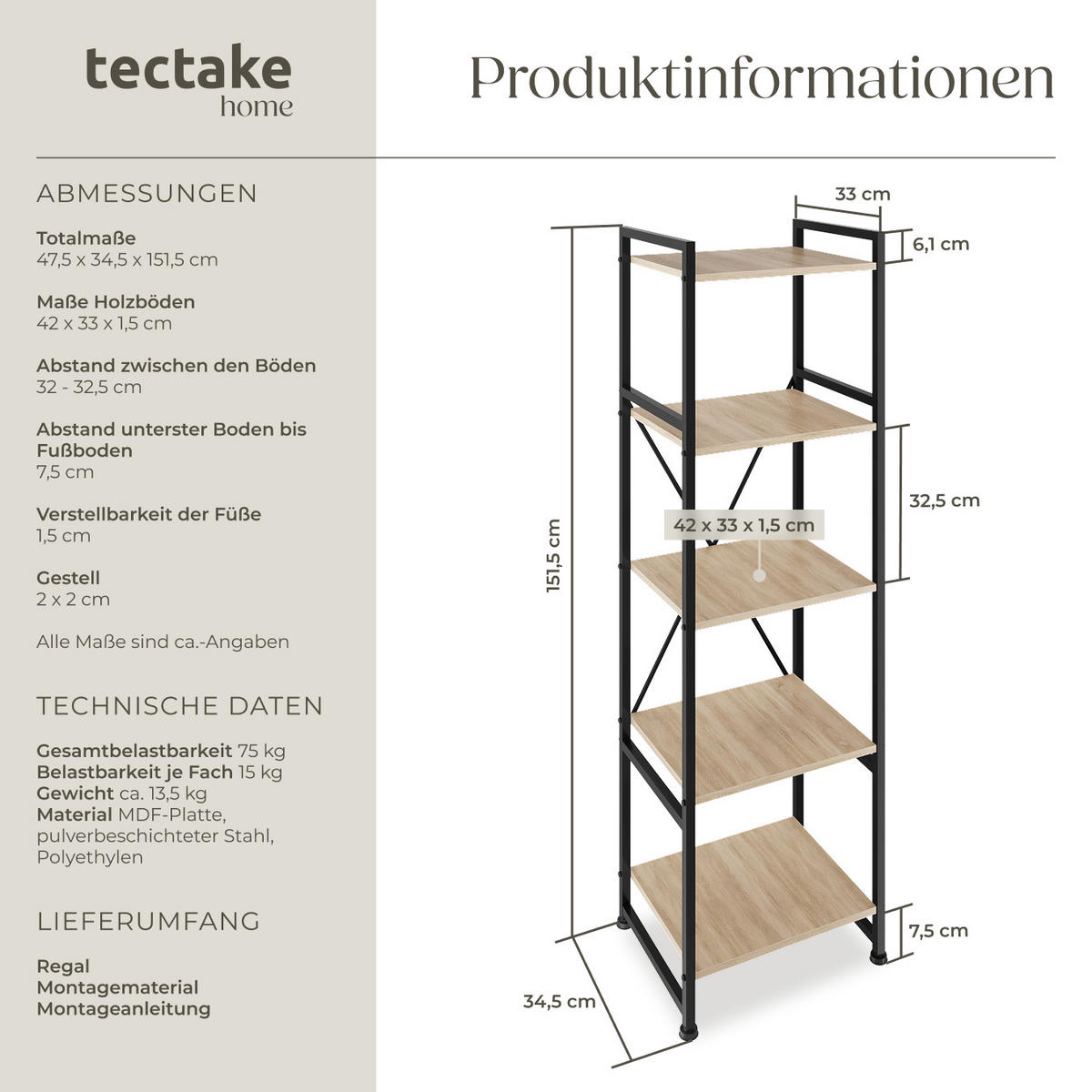 REGAL Manchester,inklusive Kippschutz, 47,5 x 34,5 x 151,5 cm,Industrial Holz hell, Eiche Sonoma - Naturfarben, Holz (34.5/151.5/47.5cm) - tectake