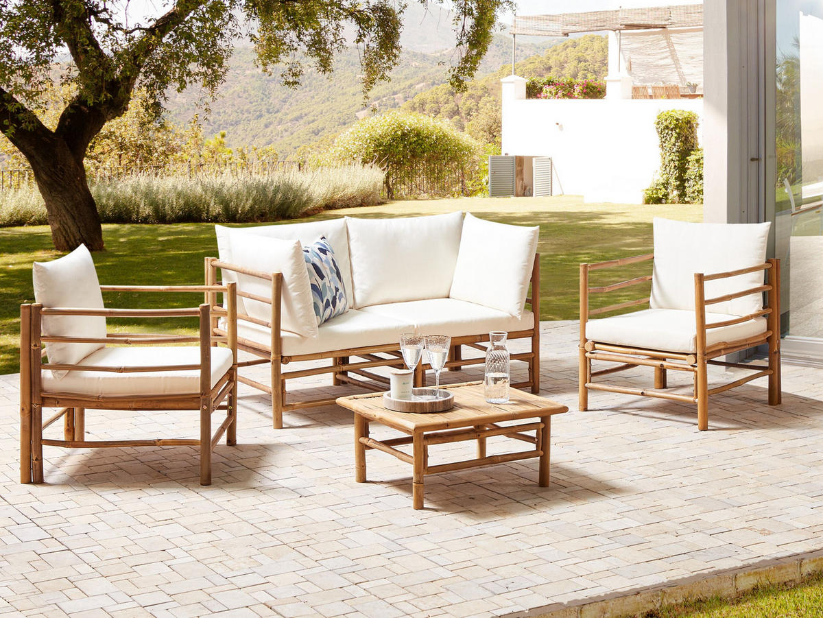 LOUNGE SET 4-Sitzer Bambusholz hellbraun 3-teilig Auflagen cremeweiß Cerreto - Creme, Holz - Beliani