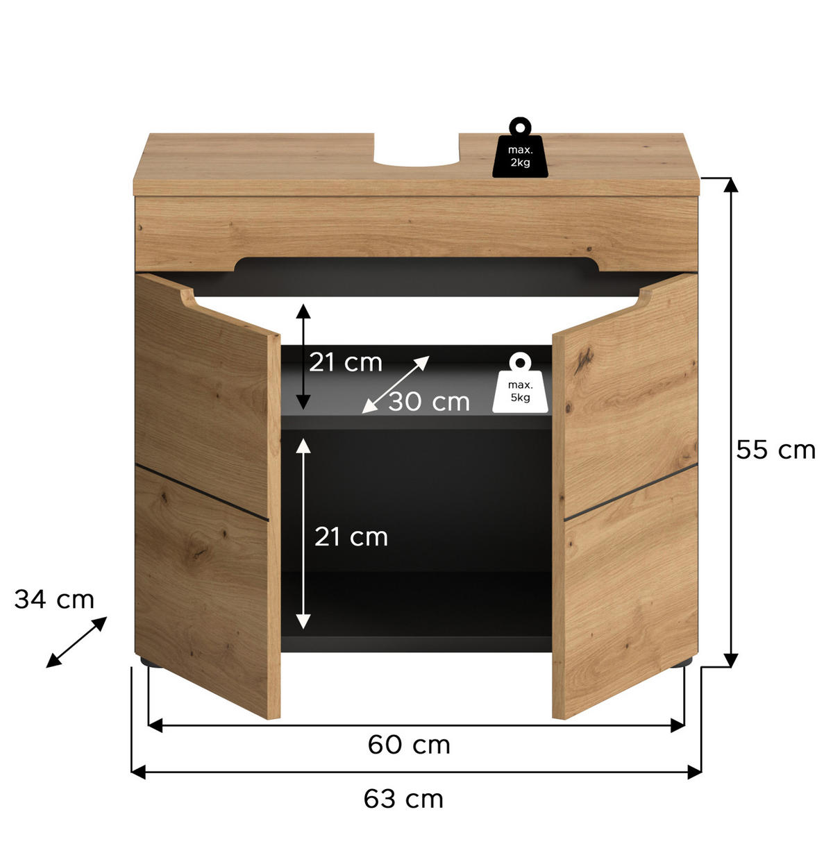 WASCHBECKENUNTERSCHRANK Eiche, grau 63 cm mit Soft-Close - Eiche Artisan/Grau, Holz/Holzwerkstoff (63/55/34cm) - Inn.Furn