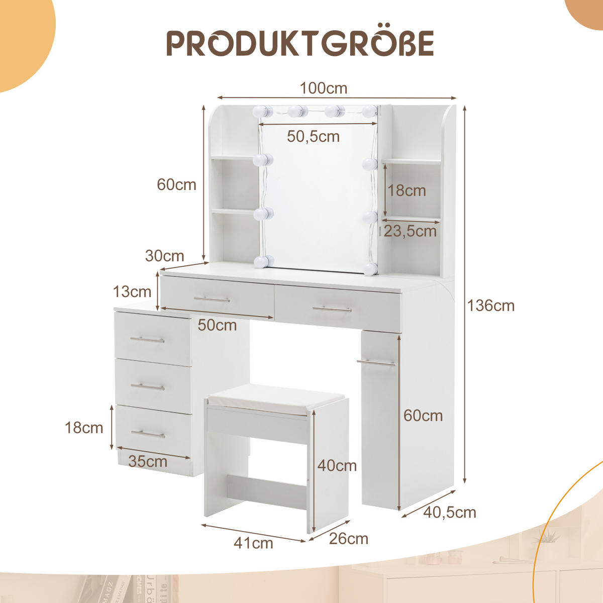 SCHMINKTISCH 100/40.5/136 mit Schiebespiegel, verstecktem Stauraum, LED-Beleuchtung und Hocker, Weiß - Weiß, Holzwerkstoff (100/136/40.5cm) - Redom
