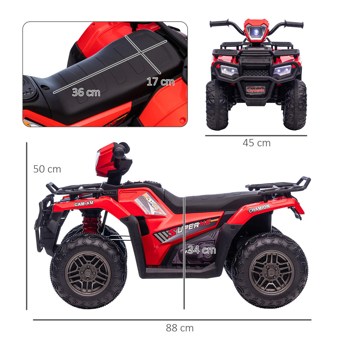 MINI ELEKTRO-QUAD KINDER, Schwarz+Rot, Kunststoff+ Stahl - Rot/Schwarz, Metall (88/45/50cm) - HOMCOM