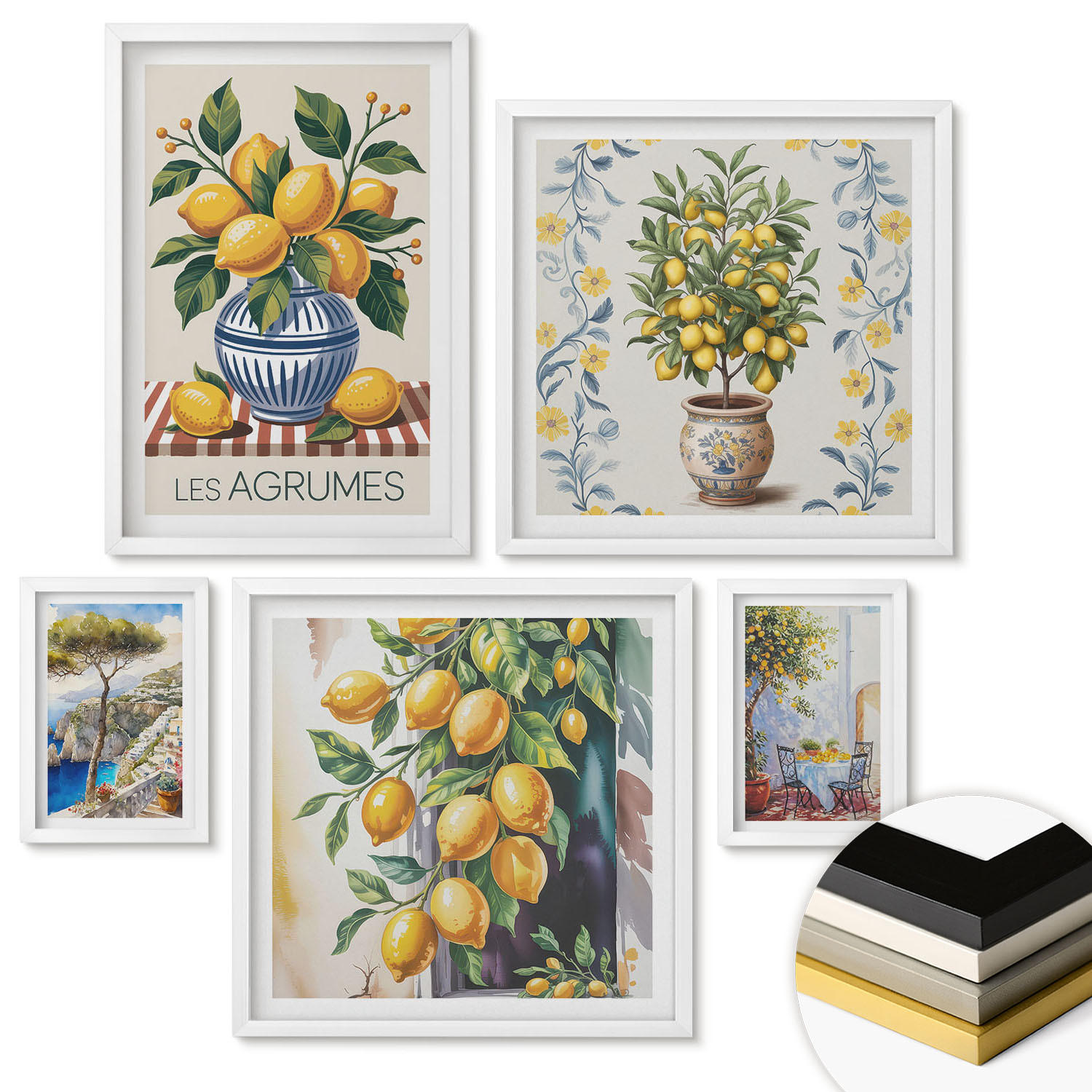 WANDBILDER 5er-Set - 50x50 cm & 20x30 cm & 40x60 cm Weißer Rahmen - Zitronenbäume am Meer - Weiß, Kunststoff (40/60cm) - ArtPrintCave