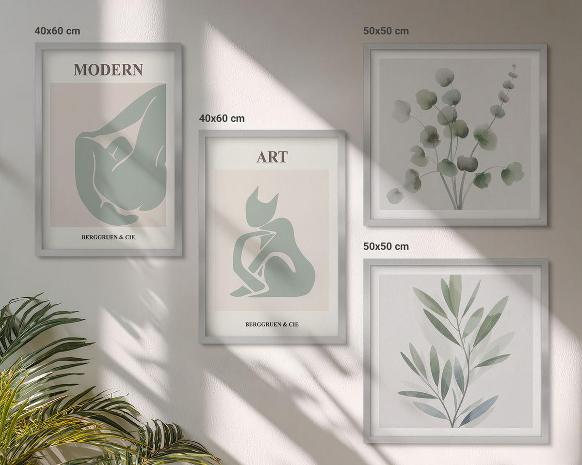 BILDER SET 4er Set - 50x50 cm & 40x60 cm Silberner Rahmen - Pflanzenmotive, zartes Grün - Silberfarben, Kunststoff (50/50cm) - TULUP