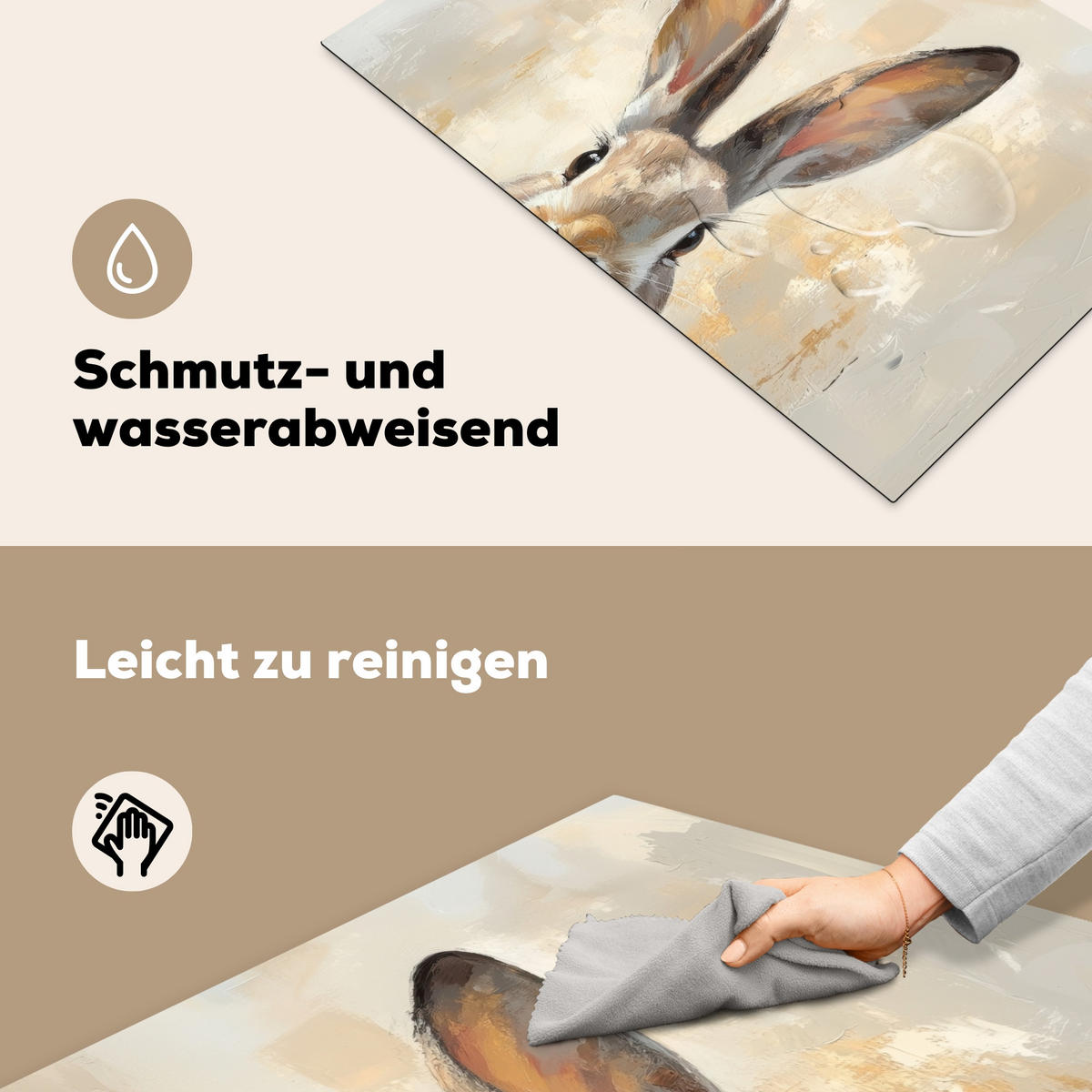 HERDABDECKPLATTE Hase - Ohren - Braun Ceranfeldabdeckung 76x51.5 cm - Beige, Kunststoff (76/51.5/0.2cm) - MuchoWow