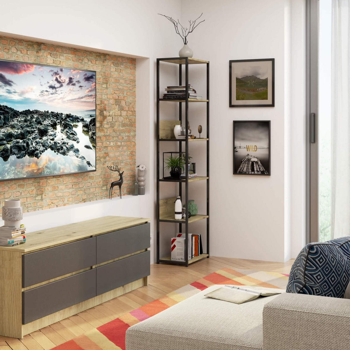 INDUSTRIEREGAL Schwarz, Eiche Artisan 50x192x32 cm - Schwarz/Eiche Artisan, Holzwerkstoff/Metall (50/192/32cm) - Akord