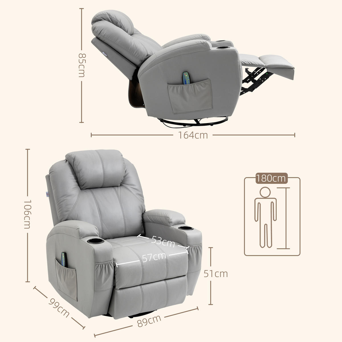 MASSAGESESSEL, Grau, Kunstleder, Metall - Grau, Kunststoff/Metall (99/106/89cm) - HOMCOM
