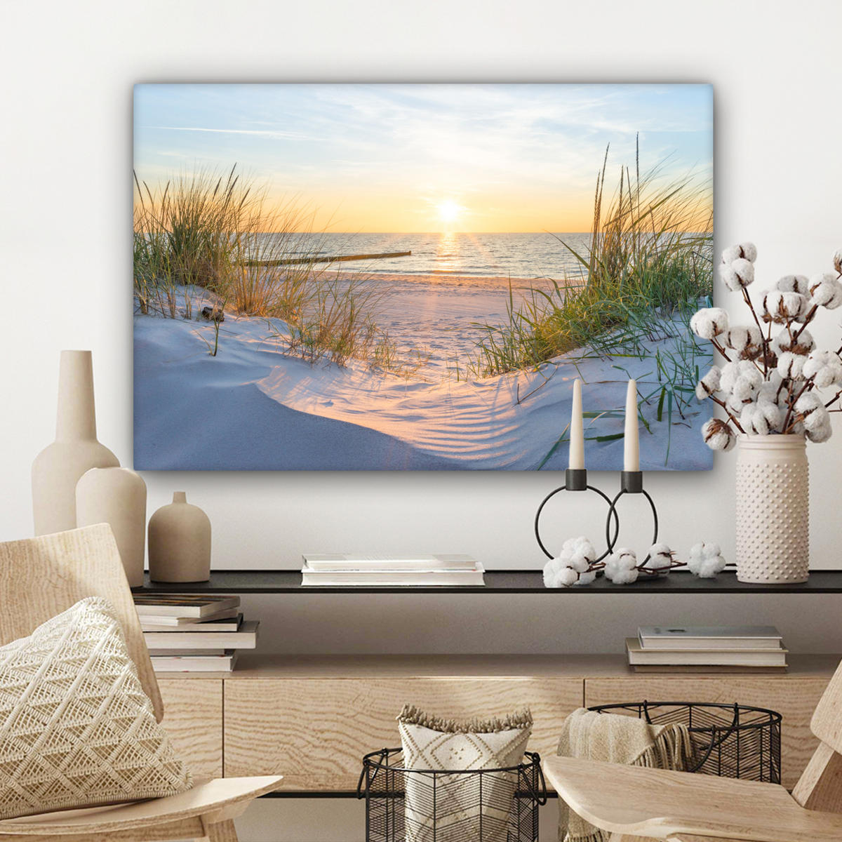 LEINWANDBILD Strand - Sonne - Düne - Gras - Sand - Horizont Wanddeko 90x60 cm - Hellblau, Textil (90/60cm) - MuchoWow