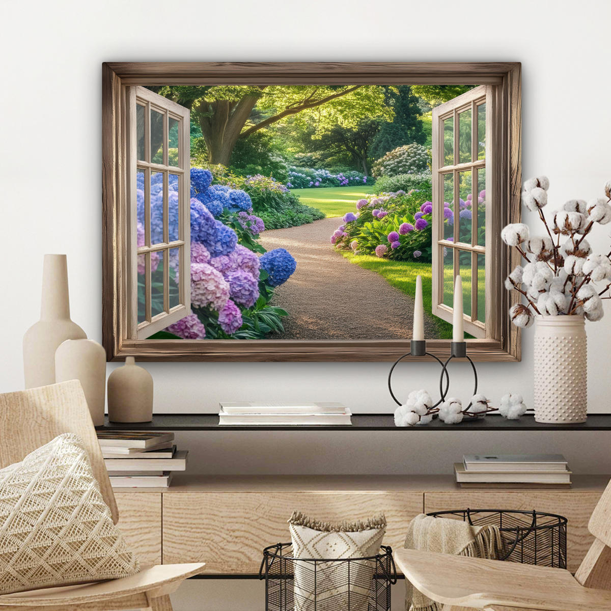 LEINWANDBILD Aussicht - Garten - Fenster - Hortensie - Blumen Wandbilder 80x60 cm - Pastellblau, Textil (80/60cm) - MuchoWow