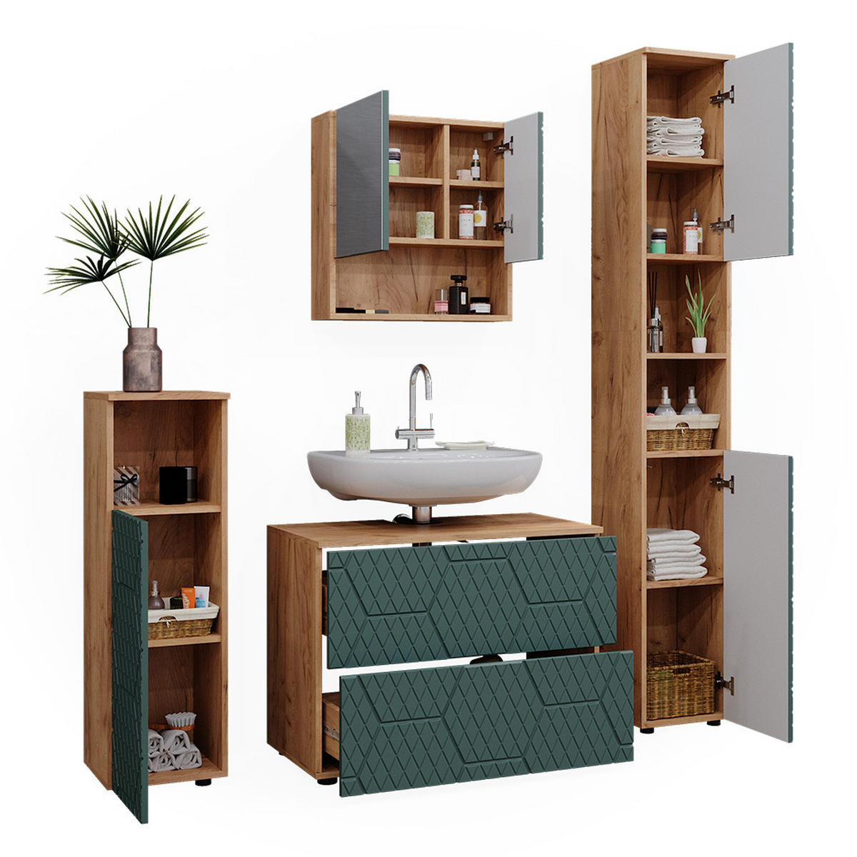 BADMÖBEL-SET Irma Grün 4 Teile, mit Schubladenschrank und Hochschrank - Honigeiche/Grün, Holzwerkstoff (80/58/41cm) - Vicco