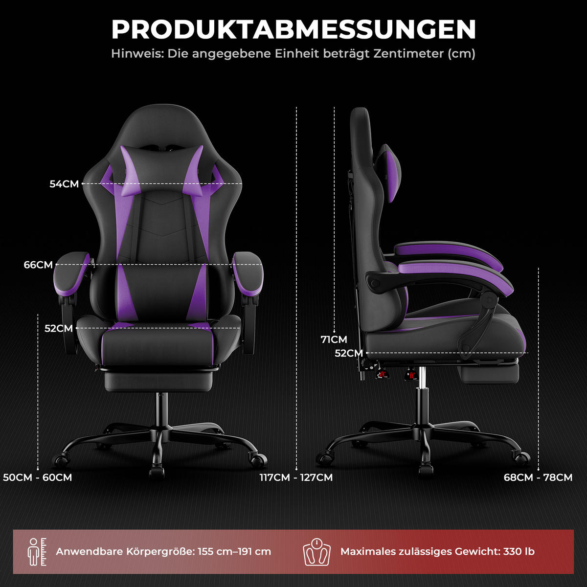 GAMINGSTUHL Schwarzviolett 58,5/63/120,5 cm - Lila, Metall (58.5/120.5/63cm) - PANGIVO